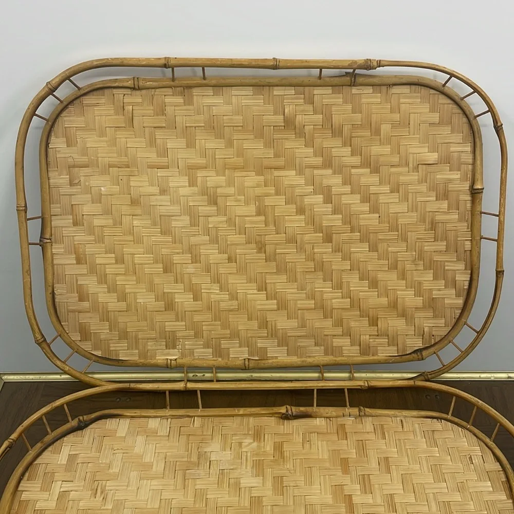 Vintage MCM Bamboo & Rattan Wicker Style Trays Set of 2  Size 19 x 13 x 1.25